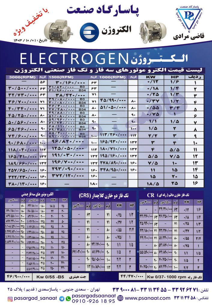 لیست قیمت الکتروموتورهای سه فاز و تک فاز صنعتی الکتروژن